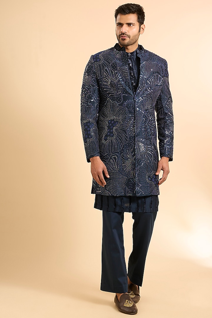 Navy Blue Chanderi Tonal Embroidered Groom Indowestern Set by Mishru Men at Pernia's Pop Up Shop