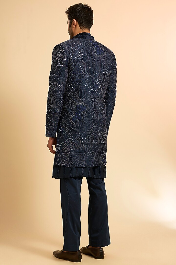 Navy Blue Chanderi Tonal Embroidered Groom Indowestern Set by Mishru Men at Pernia's Pop Up Shop