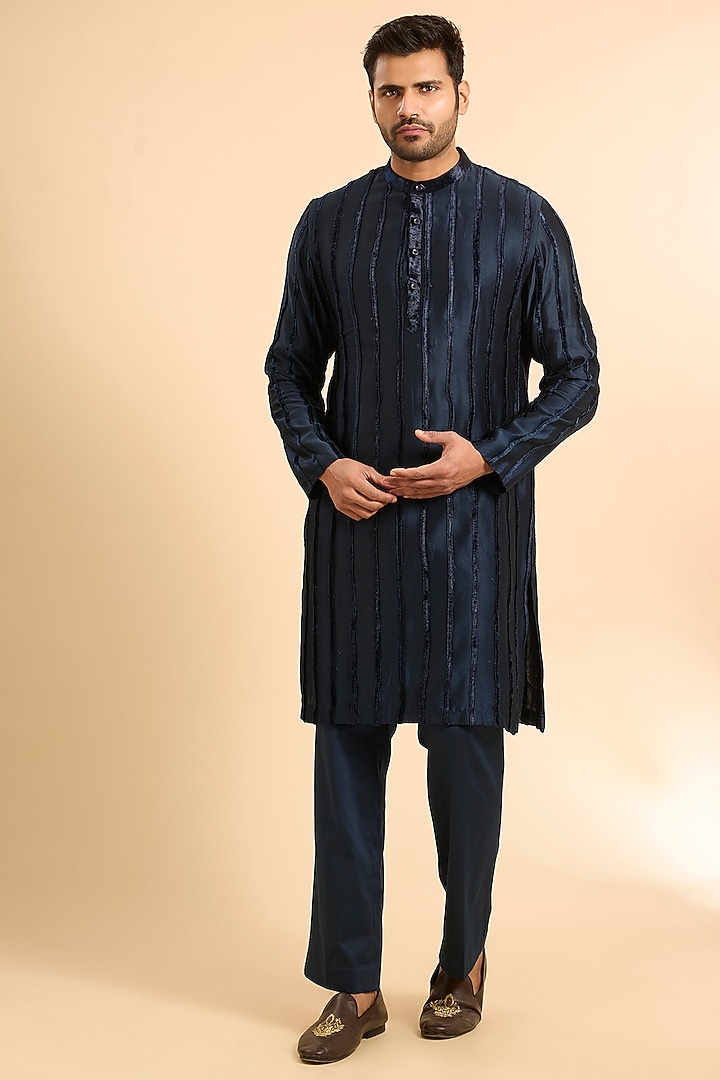 Navy Blue Chanderi Tonal Embroidered Groom Indowestern Set by Mishru Men at Pernia's Pop Up Shop