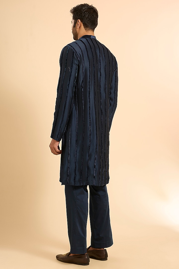 Navy Blue Chanderi Tonal Embroidered Groom Indowestern Set by Mishru Men at Pernia's Pop Up Shop