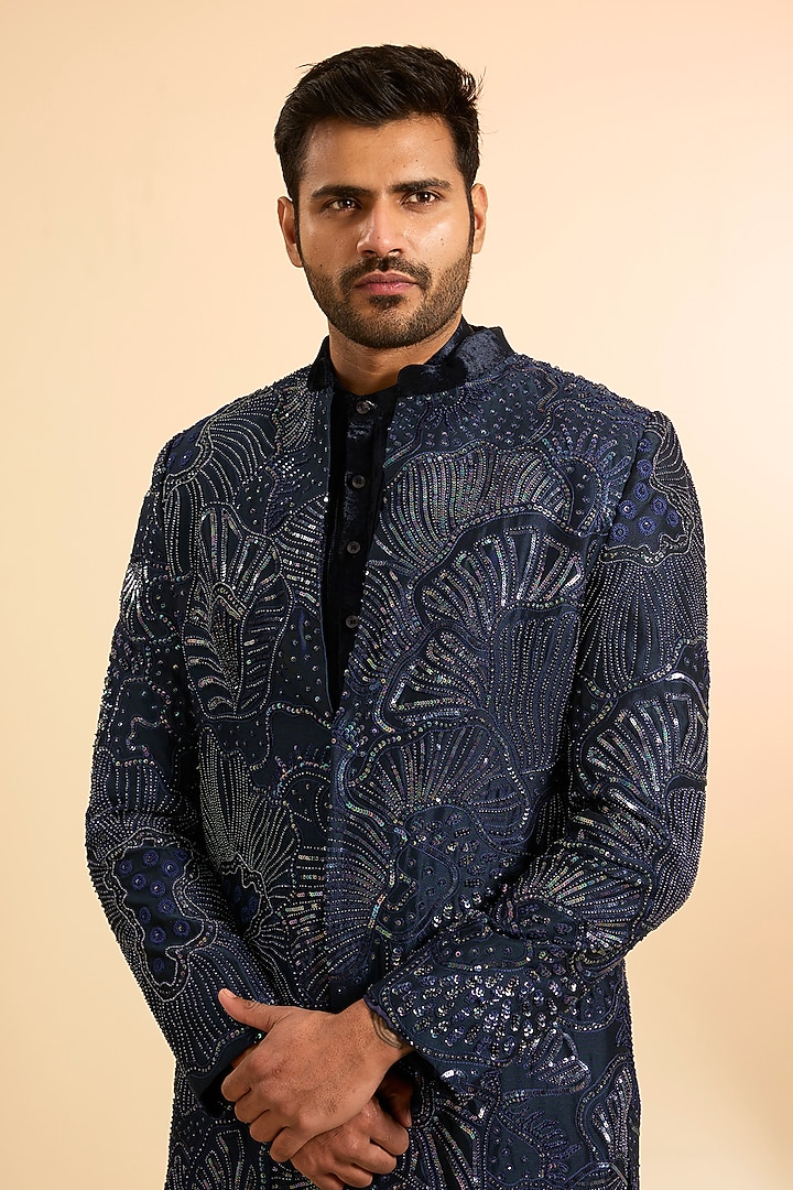 Navy Blue Chanderi Tonal Embroidered Groom Indowestern Set by Mishru Men at Pernia's Pop Up Shop