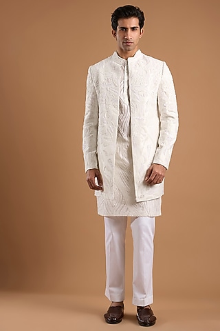 Ivory Silk Indowestern Set by Mishru Men