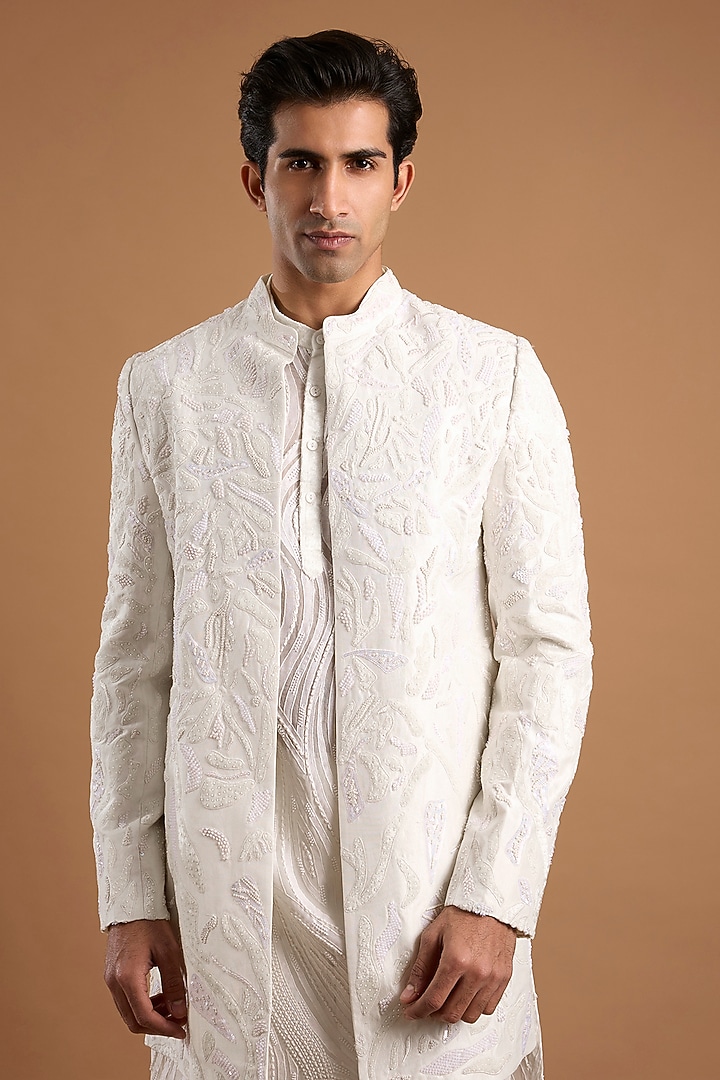 Ivory Silk Groom Indowestern Set by Mishru Men at Pernia's Pop Up Shop