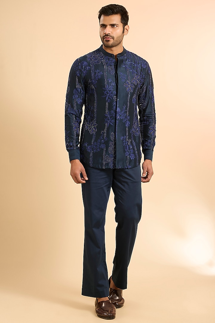 Navy Blue Dupion Co-Ord Set by Mishru Men at Pernia's Pop Up Shop