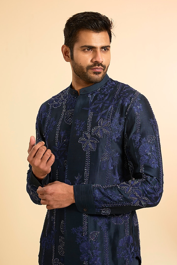 Navy Blue Chanderi Silk Co-Ord Set by Mishru Men at Pernia's Pop Up Shop