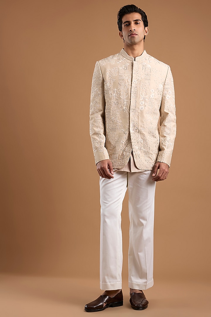 Champagne Dupion Groom Bandhgala Set by Mishru Men at Pernia's Pop Up Shop