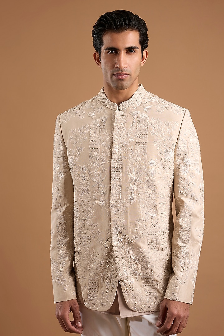Champagne Dupion Groom Bandhgala Set by Mishru Men at Pernia's Pop Up Shop