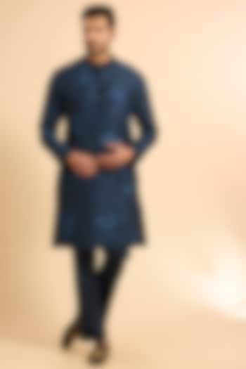 Navy Blue Chanderi Embroidered Kurta Set by Mishru Men at Pernia's Pop Up Shop