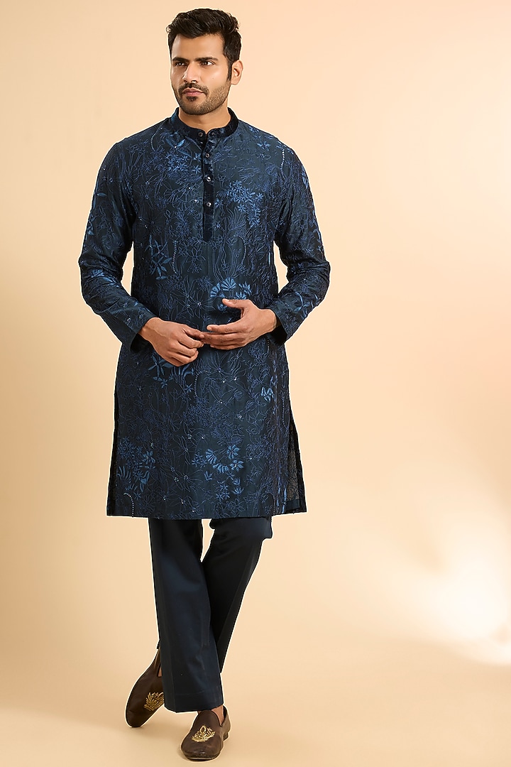 Navy Blue Chanderi Embroidered Kurta Set by Mishru Men at Pernia's Pop Up Shop