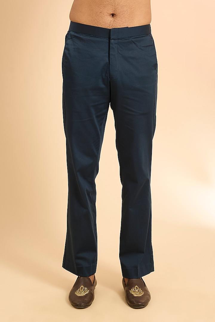 Navy Blue Chanderi Embroidered Kurta Set by Mishru Men at Pernia's Pop Up Shop