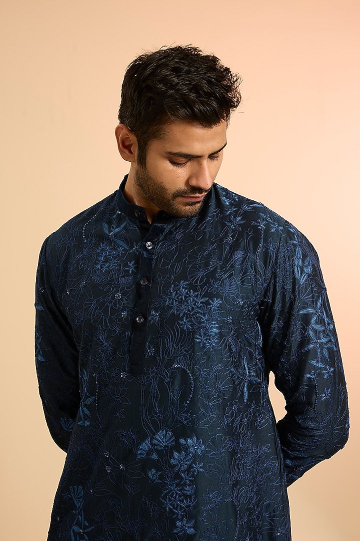 Navy Blue Chanderi Embroidered Kurta Set by Mishru Men at Pernia's Pop Up Shop