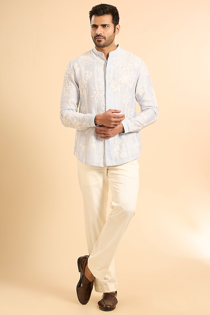 Cloudy Blue & Off-White Dupion Co-Ord Set by Mishru Men at Pernia's Pop Up Shop