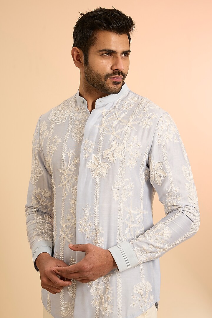 Cloudy Blue & Off-White Dupion Co-Ord Set by Mishru Men at Pernia's Pop Up Shop