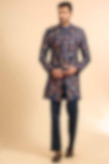 Navy Blue Dupion Abstract Embroidered Groom Sherwani Set by Mishru Men at Pernia's Pop Up Shop