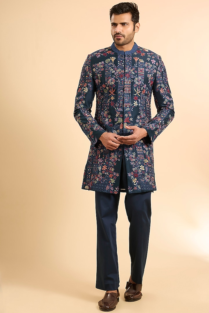 Navy Blue Dupion Abstract Embroidered Groom Sherwani Set by Mishru Men at Pernia's Pop Up Shop