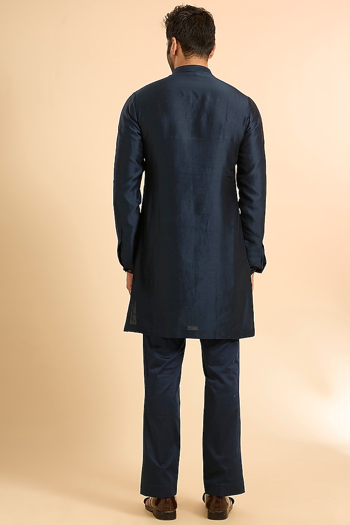 Navy Blue Dupion Abstract Embroidered Groom Sherwani Set by Mishru Men at Pernia's Pop Up Shop