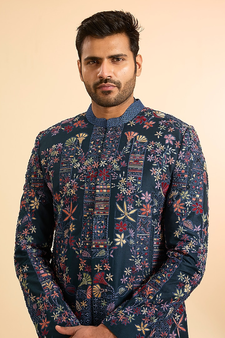 Navy Blue Dupion Abstract Embroidered Groom Sherwani Set by Mishru Men at Pernia's Pop Up Shop