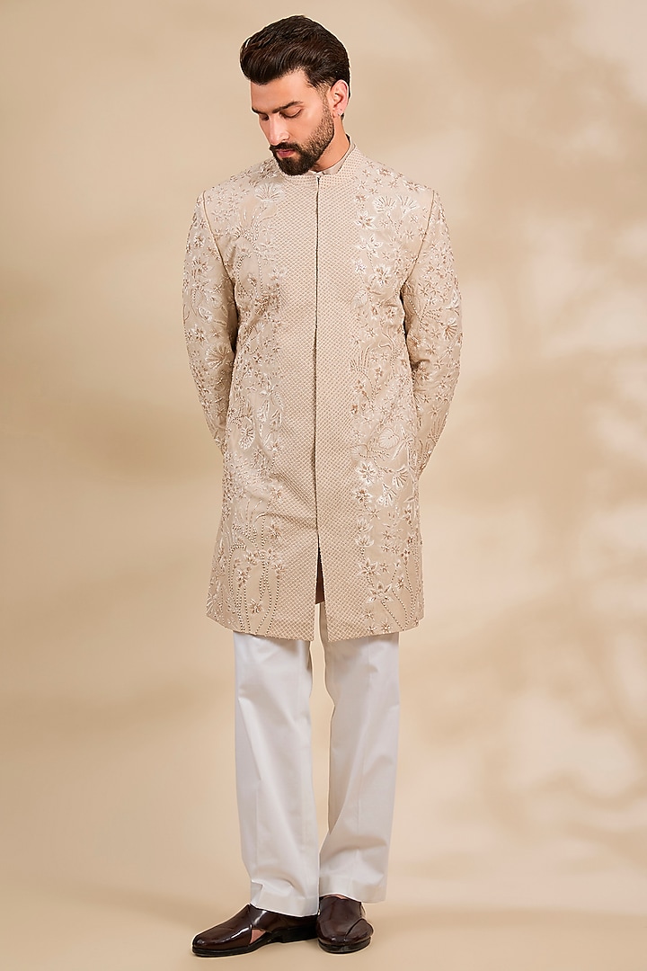 Beige Dupion Silk Embroidered Groom Sherwani Set by Mishru Men at Pernia's Pop Up Shop