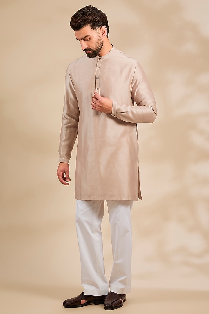 Beige Dupion Silk Embroidered Groom Sherwani Set by Mishru Men at Pernia's Pop Up Shop