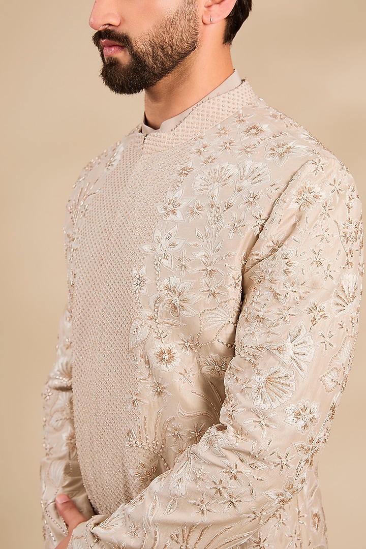 Beige Dupion Silk Embroidered Groom Sherwani Set by Mishru Men at Pernia's Pop Up Shop
