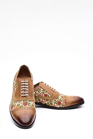 Tan Leather Printed Brogue Shoes by MisterSinister
