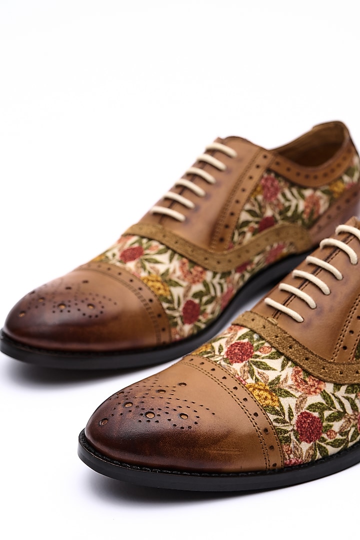 Tan Leather Printed Brogue Shoes by MisterSinister at Pernia's Pop Up Shop