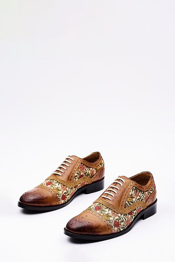 Tan Leather Printed Brogue Shoes by MisterSinister at Pernia's Pop Up Shop