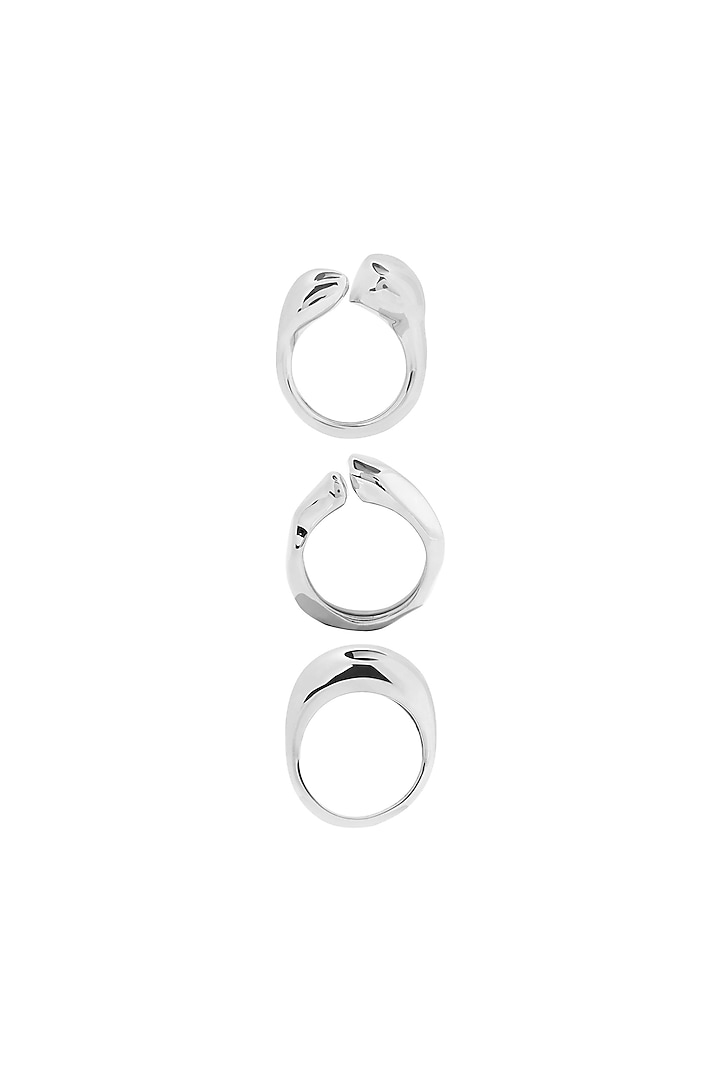 Silver Finish Handcrafted Stackable Pebble Ring (Set Of 3) by Misho Designs