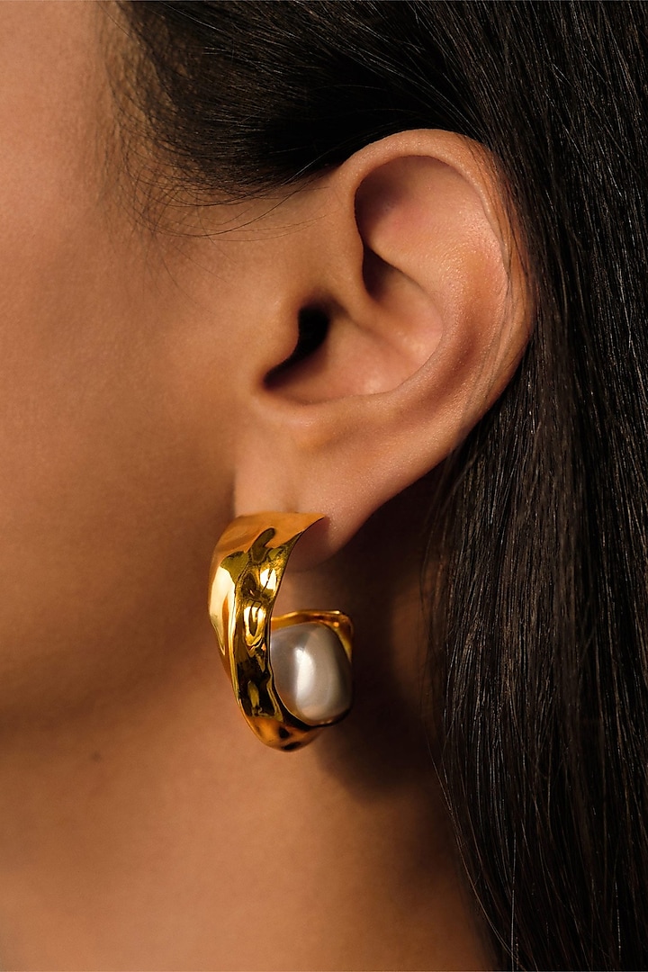 Gold Plated Pearl Mini Crest Hoop Earrings by Misho Designs