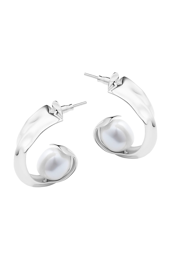 Silver Finish Pearl Mini Crest Hoop Earrings by Misho Designs
