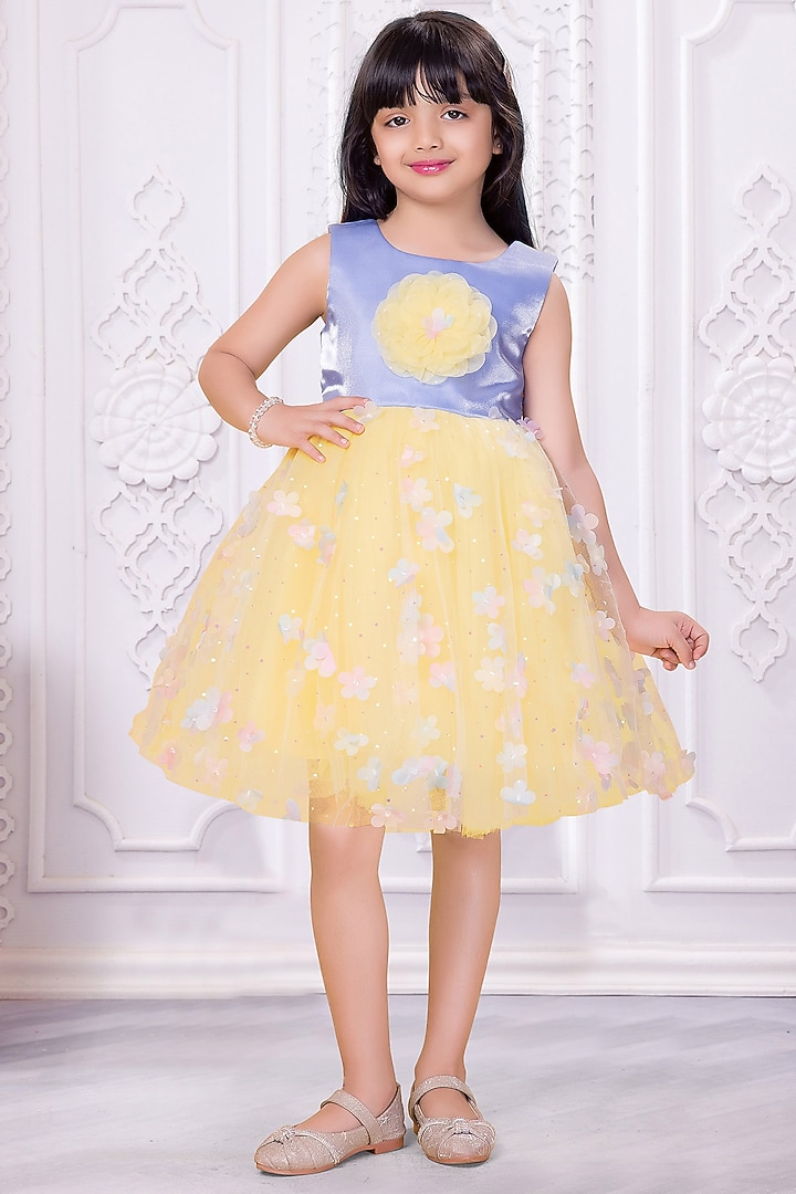 Yellow Tissue & Net Floral Applique Work Dress For Girls by Ministitch at Pernia's Pop Up Shop