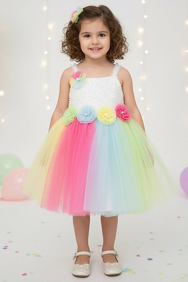 Multi-Colored Net Pearl Work Dress For Girls by Ministitch at Pernia's Pop Up Shop