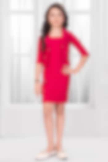 Red Nylon & Ribbed Knitted Fabric Jacket Midi Dress For Girls by Ministitch at Pernia's Pop Up Shop