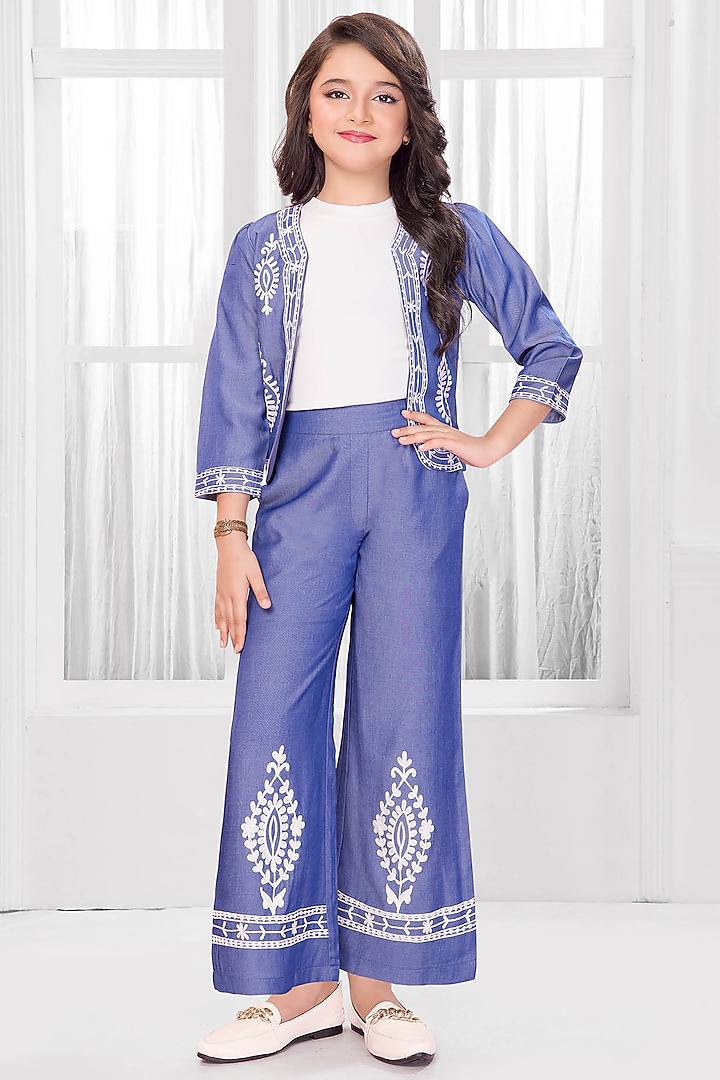 Blue Cotton Embroidered Co-Ord Set For Girls by Ministitch at Pernia's Pop Up Shop