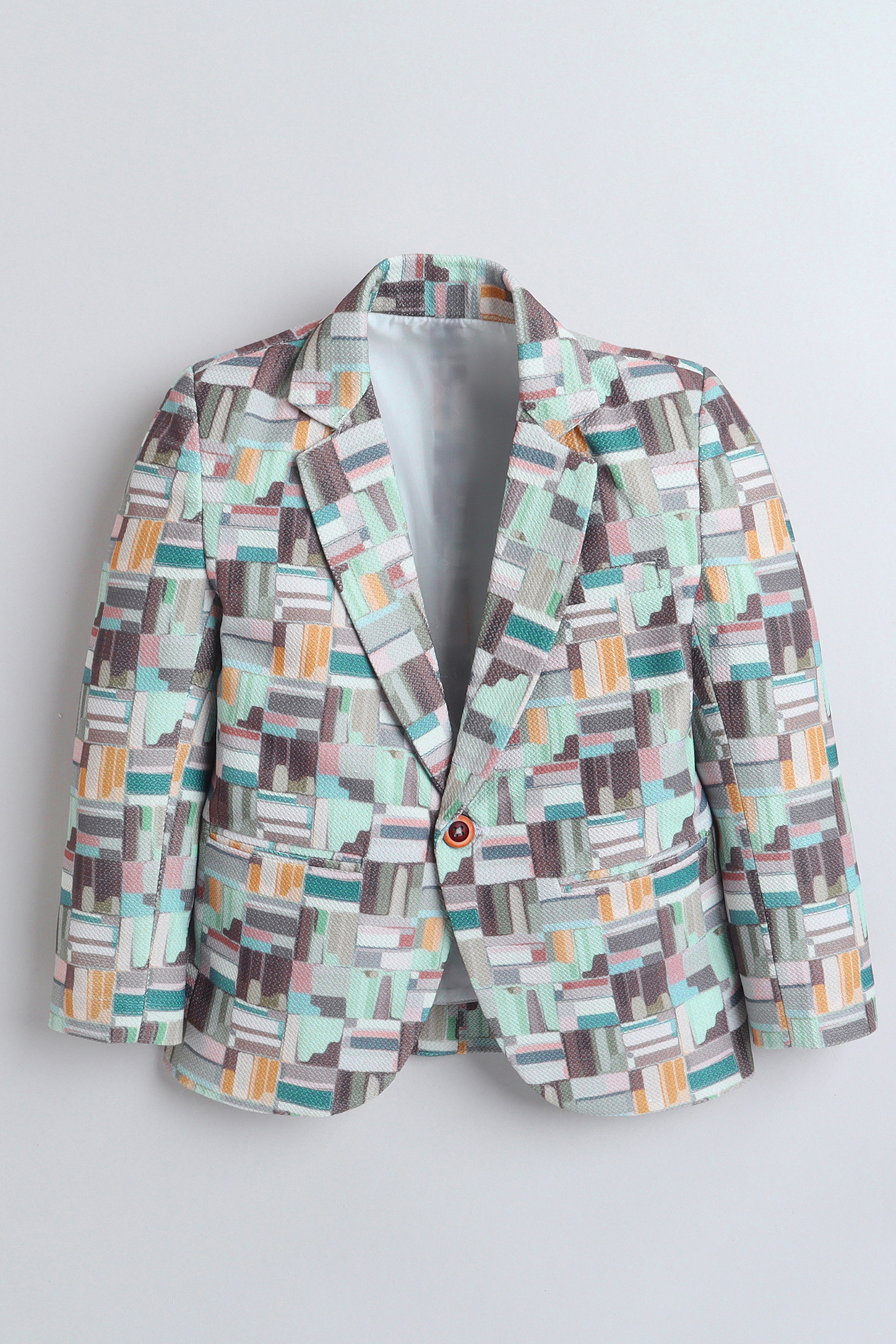 Olive Green Nylon Polyester Printed Single-Breasted Blazer For Boys by Ministitch