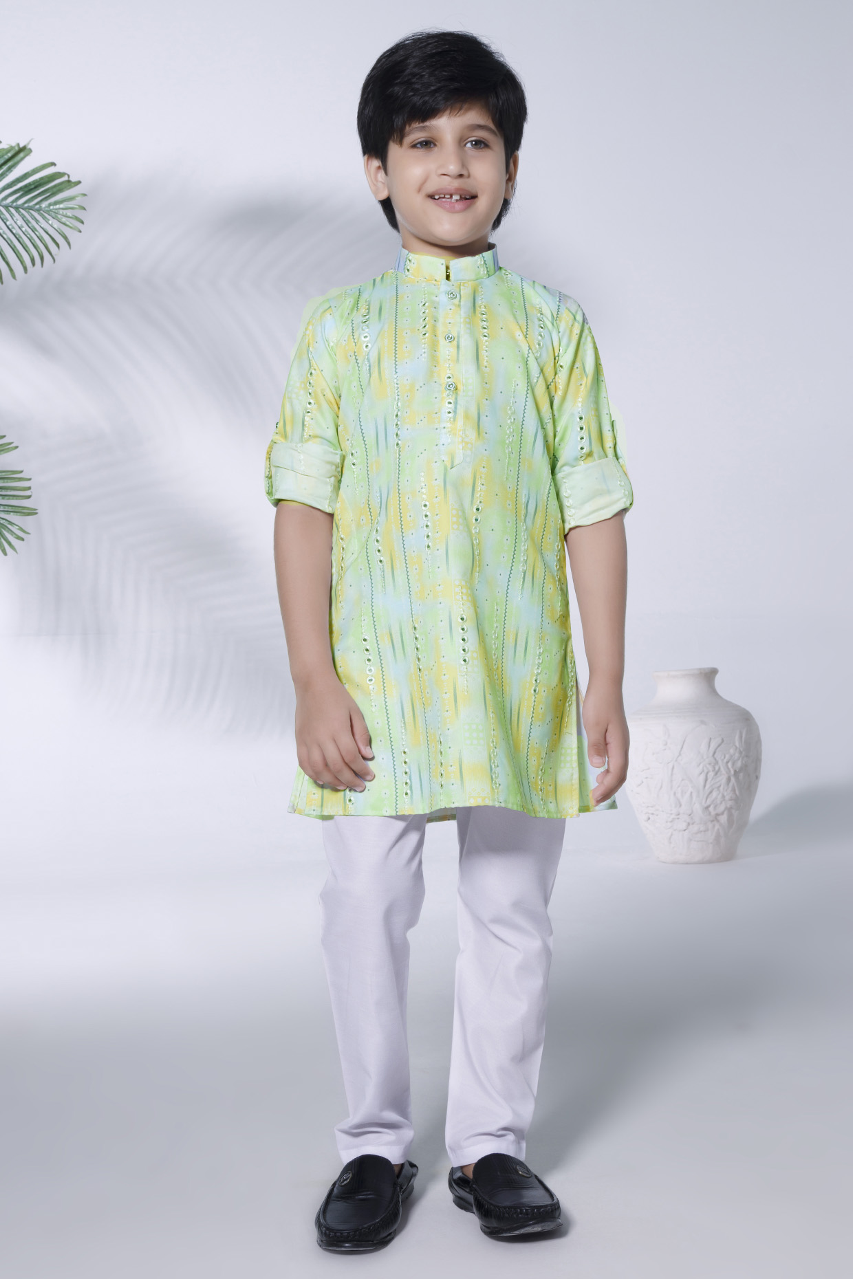 Green Cotton Mirror Embroidered Kurta Set For Boys by Ministitch