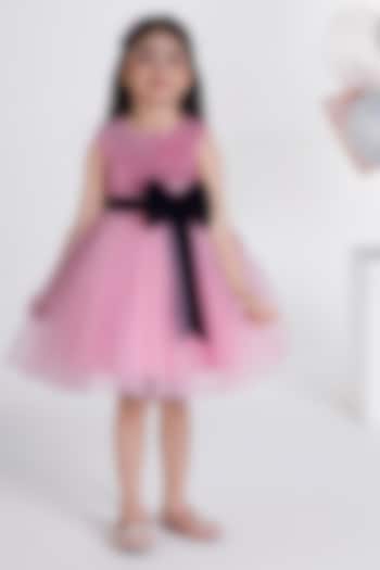 Baby Pink Net & Velvet Sequins Flared Dress For Girls by Ministitch at Pernia's Pop Up Shop