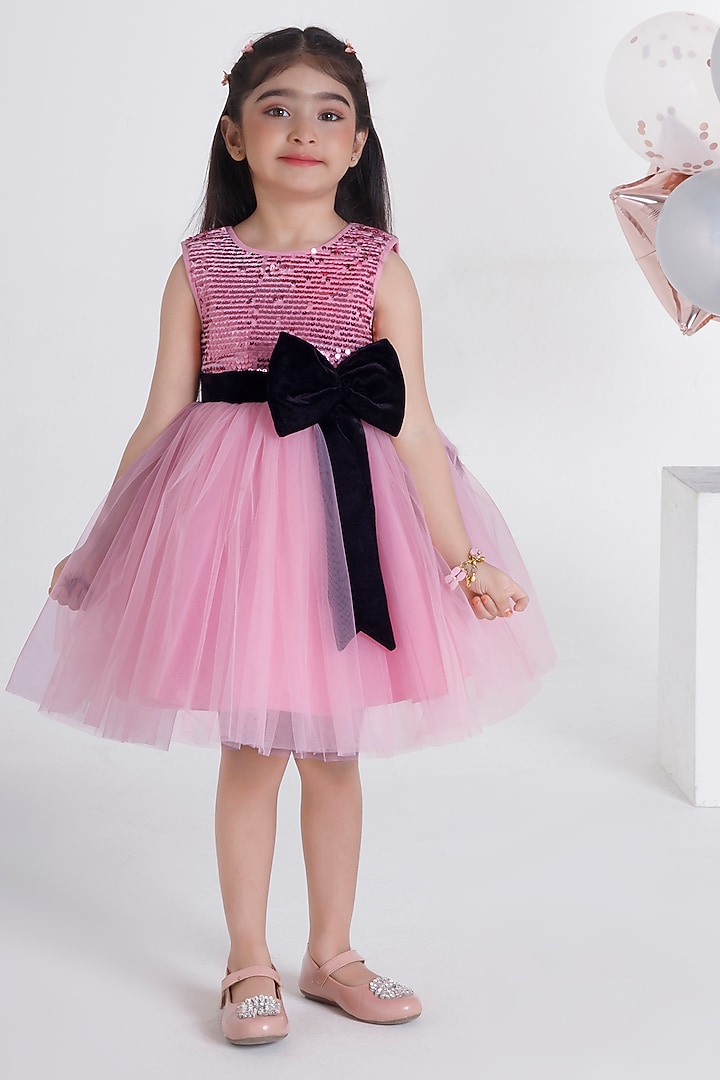 Baby Pink Net & Velvet Sequins Flared Dress For Girls by Ministitch at Pernia's Pop Up Shop