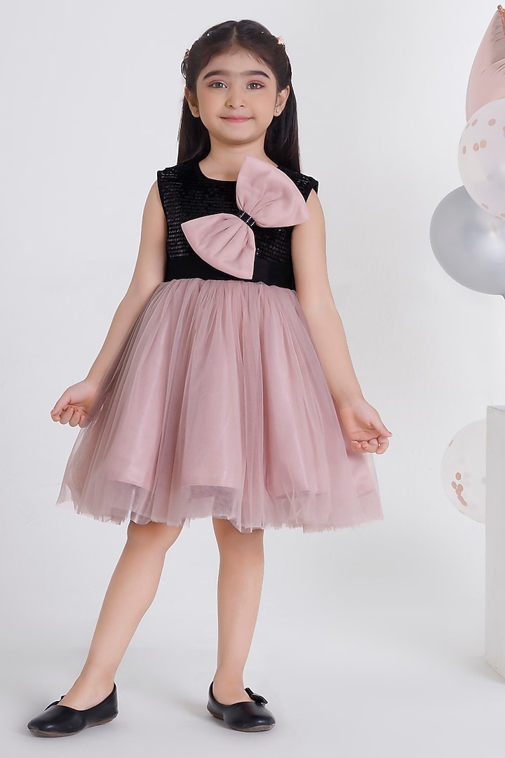 Beige Net & Velvet Sequins Flared Dress For Girls by Ministitch at Pernia's Pop Up Shop