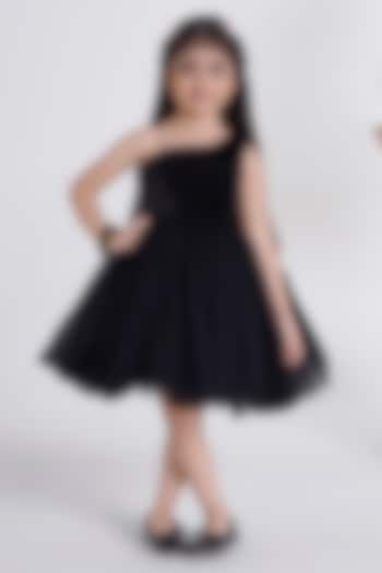 Black Net & Velvet Sequins One-Shoulder Flared Dress For Girls by Ministitch at Pernia's Pop Up Shop
