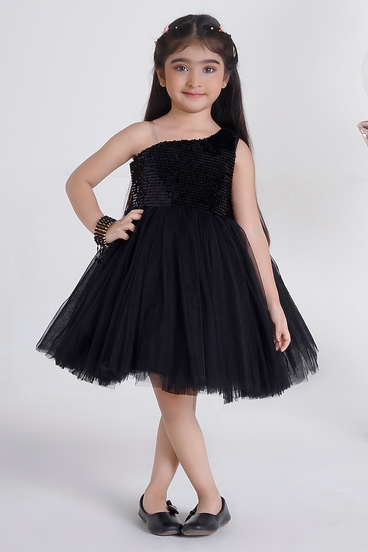Black Net & Velvet Sequins One-Shoulder Flared Dress For Girls by Ministitch at Pernia's Pop Up Shop