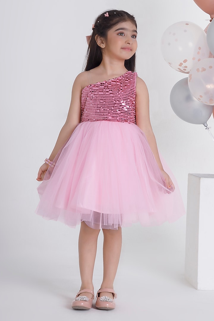 Black Net & Velvet Sequins One-Shoulder Flared Dress For Girls by Ministitch at Pernia's Pop Up Shop