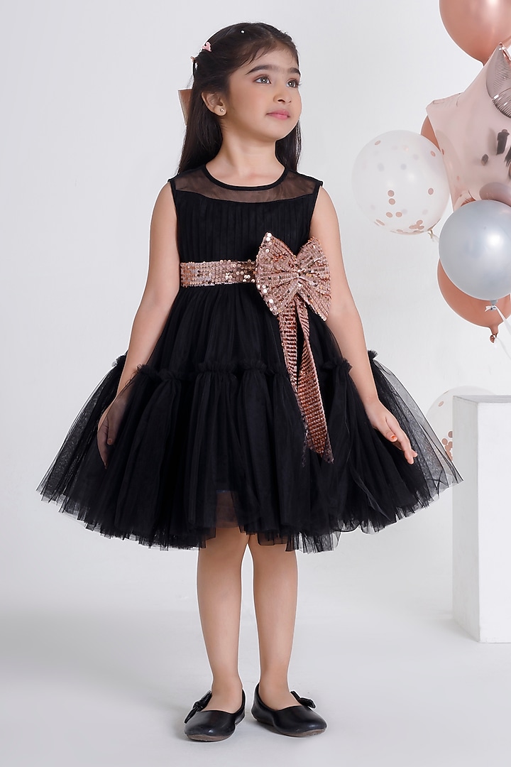 Black Polyester Elastane & Net Tiered Dress For Girls by Ministitch at Pernia's Pop Up Shop