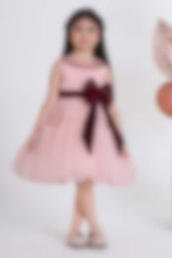 Peach Polyester Elastane & Net Tiered Dress For Girls by Ministitch at Pernia's Pop Up Shop
