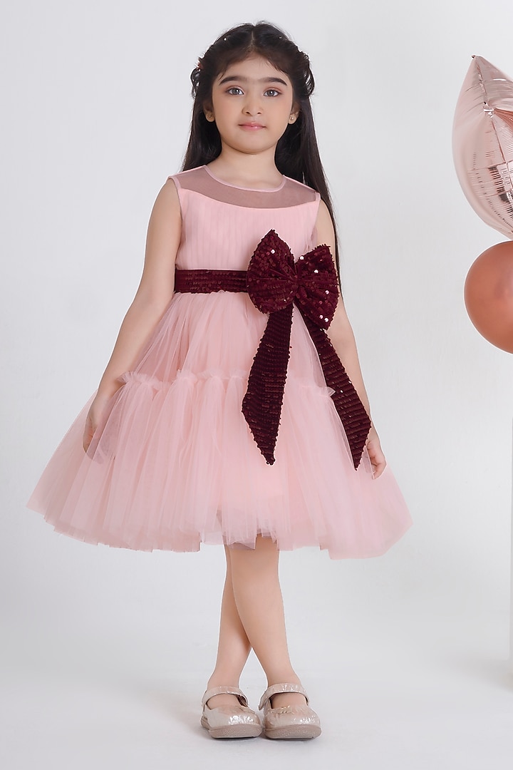 Peach Polyester Elastane & Net Tiered Dress For Girls by Ministitch at Pernia's Pop Up Shop