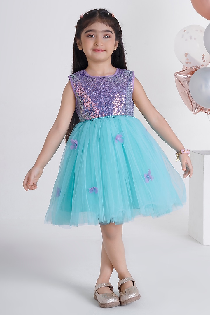 Purple Polyester Elastane & Net Flared Dress For Girls by Ministitch at Pernia's Pop Up Shop