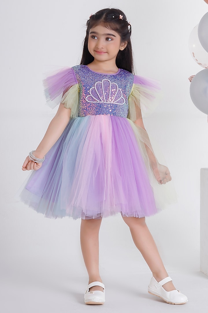 Multi-Colored Polyester Elastane Pearl Handwork Dress For Girls by Ministitch at Pernia's Pop Up Shop