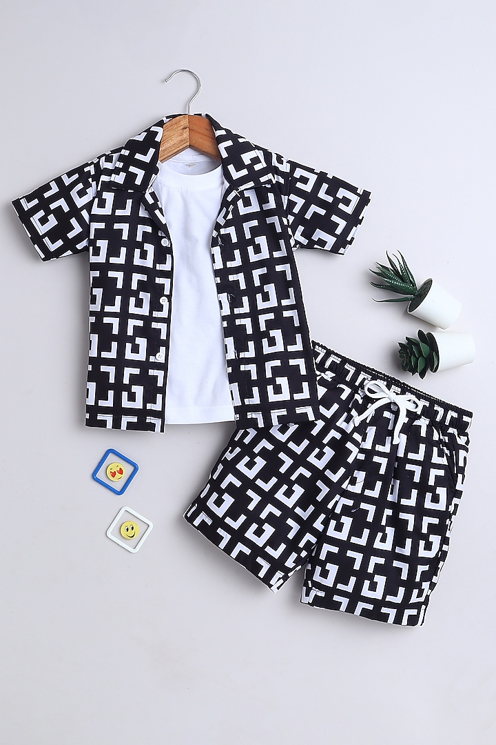 Black Cotton Blend Geometric Printed Co-ord Set For Boys by Ministitch