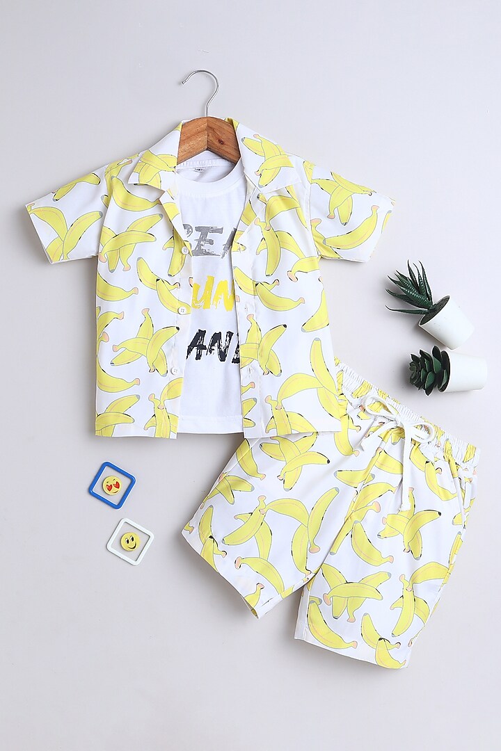 Yellow Cotton Blend Printed Co-ord Set For Boys by Ministitch