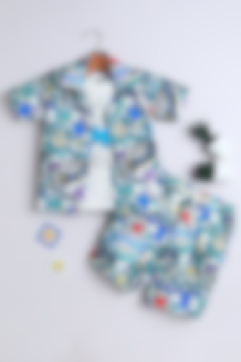 Blue Cotton Blend Geometric Co-ord Set For Boys by Ministitch
